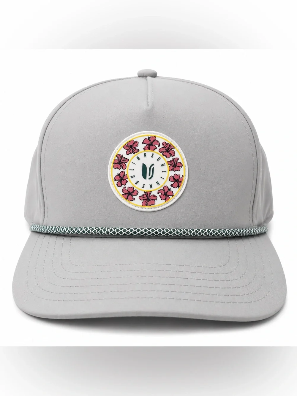 NEW Linksoul Gray 5 Panel Rope Trucker Hat Baseball Hat Pink Patch Snap Back